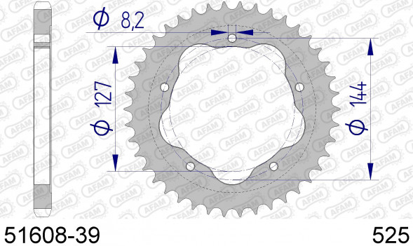 51608-39 звезда задняя DUCATI 1100 Evo Hypermotard, DUCATI 1100 Monster, Matrix (ведомая) алюминиевая, 525, AFAM