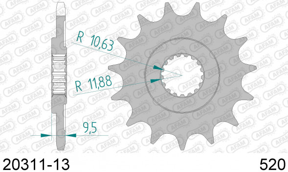 20311-13 звезда передняя HONDA CR 500, 250, CRF 450, TRX 450 (ведущая) стальная, 520, AFAM (JTF284.13)