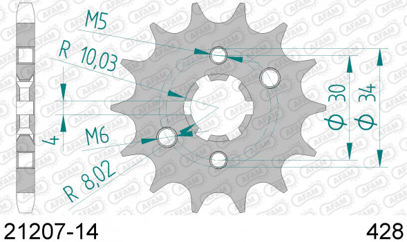 21207-14 звезда передняя YAMAHA TT-R, XT, YBR (ведущая) стальная, 428, AFAM (JTF548.14)