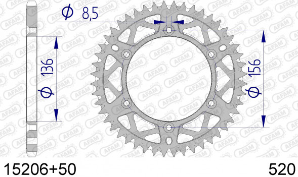 15206+50 звезда задняя HUSQVARNA TE, TX, WR, KTM EXC, SX (ведомая) алюминиевая, самоочищающаяся, 520, AFAM (JTA822.50)